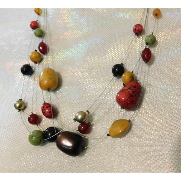 Multicolor Bead Necklace Pierced Earrings Set 4 Strand Wire Adjustable - Picture 5 of 10